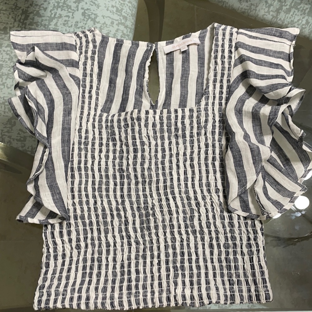 Olivaceous striped smocked top